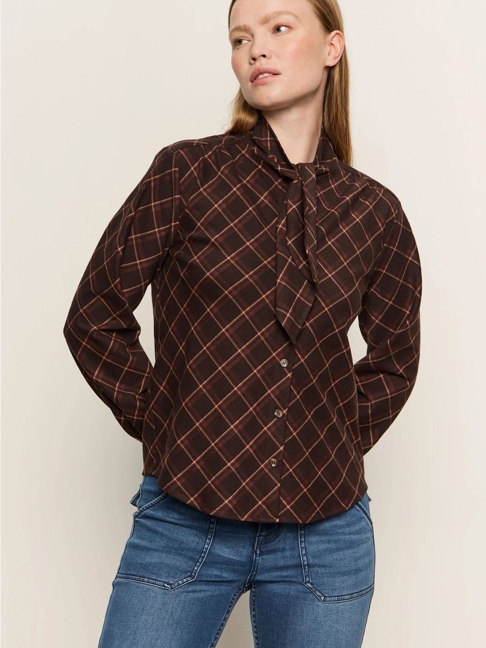 Sanctuary Brown Plaid Tie-Neck Button Down Blouse
